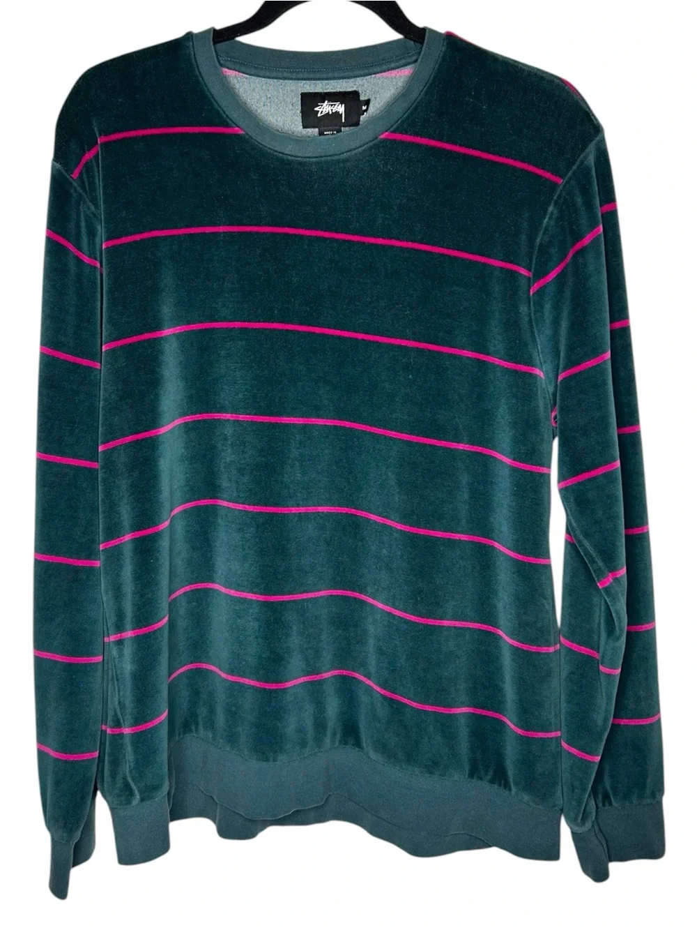 Stussy Stripe Velour Long Sleeve Crewneck Sweatshirt Teal Pink Mens M